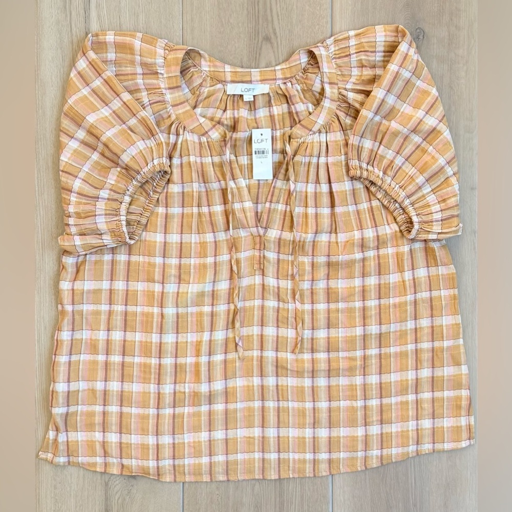 NWT LOFT Sunset-Colored Plaid Shirt Size L - Picture 4 of 6